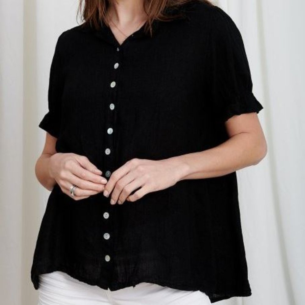 Black Linen Puff-Sleeve Button-Up Top
